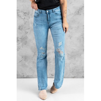 Sky Blue Wash Distressed Flare Jeans