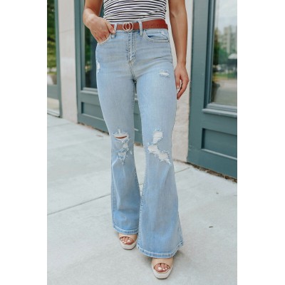 Sky Blue Wash Distressed Flare Jeans