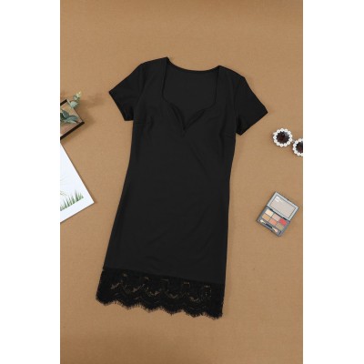 Black Short Sleeve Lace Trim Bodycon Mini Dress