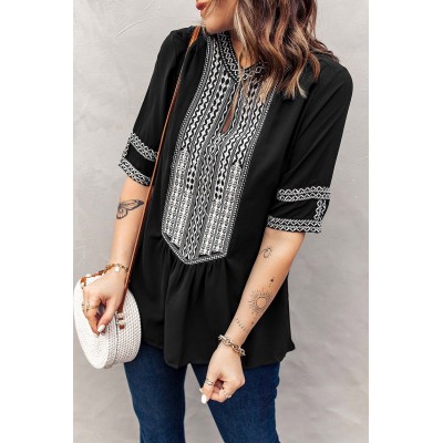 Black Elbow Length Sleeves Front Embroidery Blouse