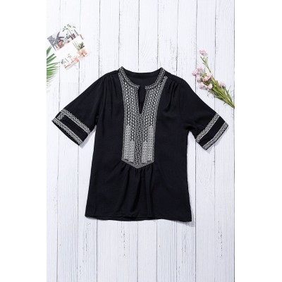 Black Elbow Length Sleeves Front Embroidery Blouse