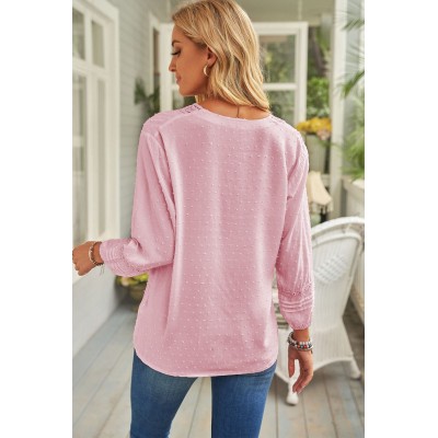 Pink V Neck 3/4 Sleeve Swiss Dot Casual Shirt