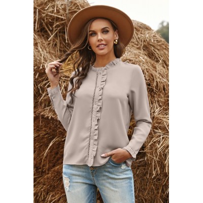 Apricot Frilled Neckline Buttoned French Shirt