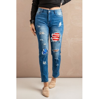 Vintage Stripes and Stars Patches Ripped Jeans